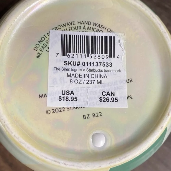 Starbucks Coffee Mug Ceramic Cup w/Lid Iridescent Mint Green Candy Cane 8 oz. - Picture 4 of 4